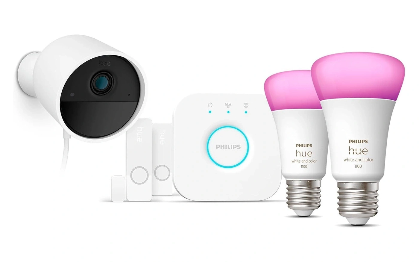 Philips Hue Smart Home-Geräte: Kamera, Bridge und zwei Glühbirnen