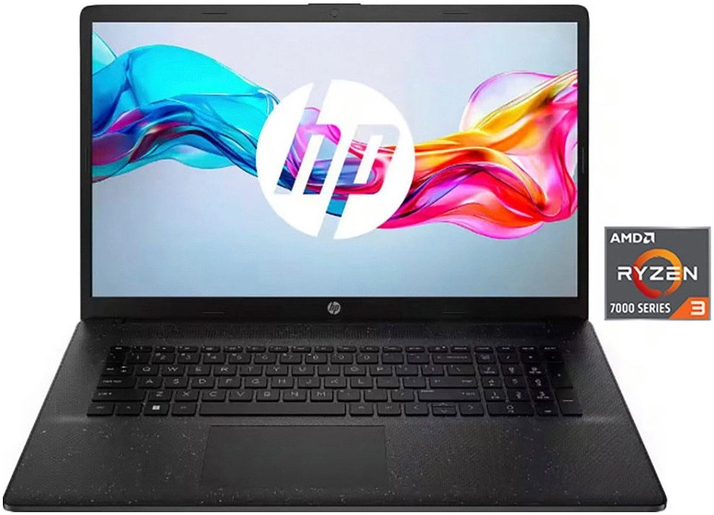 Ein schwarzer HP Laptop mit AMD Ryzen 3 Prozessor und bunter Hintergrundgrafik.
