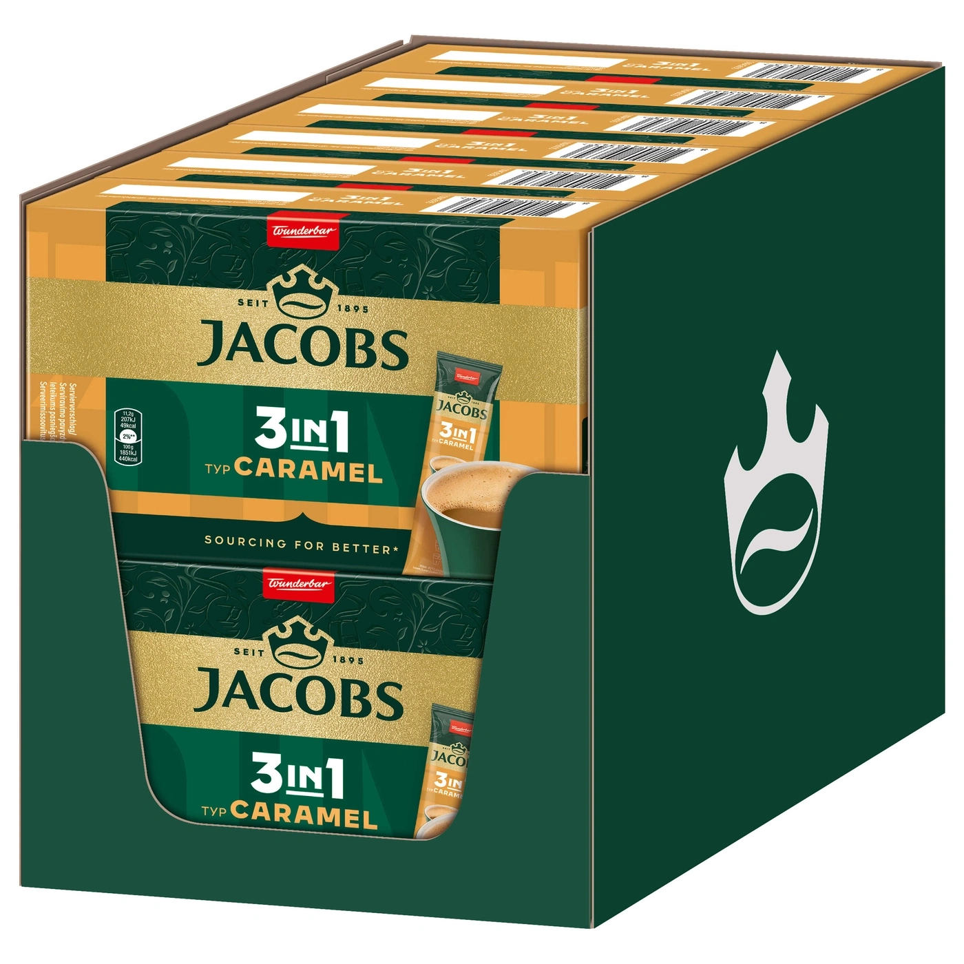 Jacobs 3in1 Caramel Kaffee-Box, goldene und grüne Verpackung, Jacobs-Logo, 1895