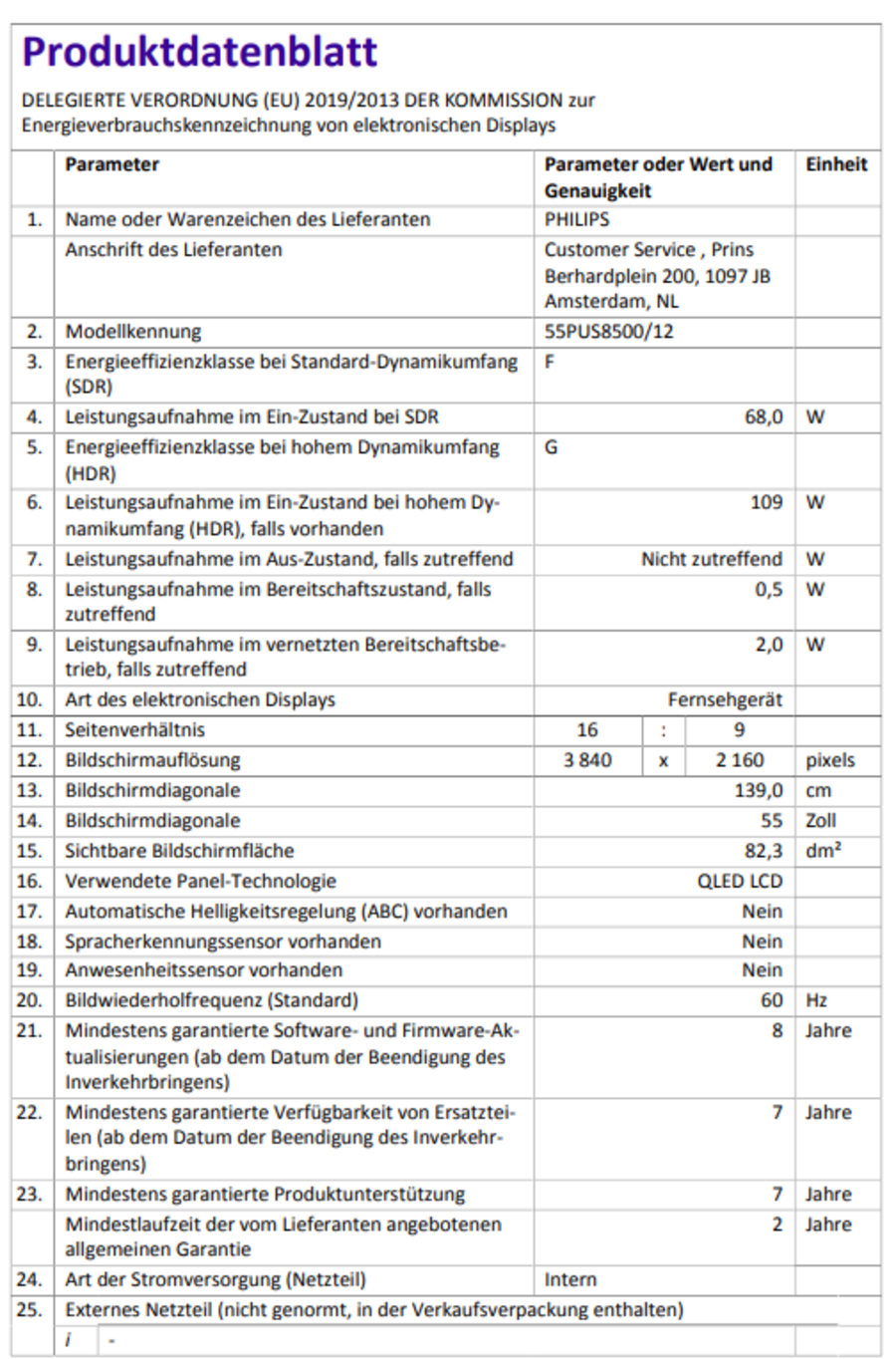 Produktdatenblatt mit technischen Daten zu Energieeffizienz, Bildschirm und Funktionen.