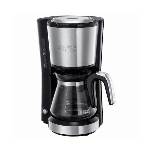 Eine schwarze und silberne Kaffeemaschine von Russell Hobbs mit Glaskanne.