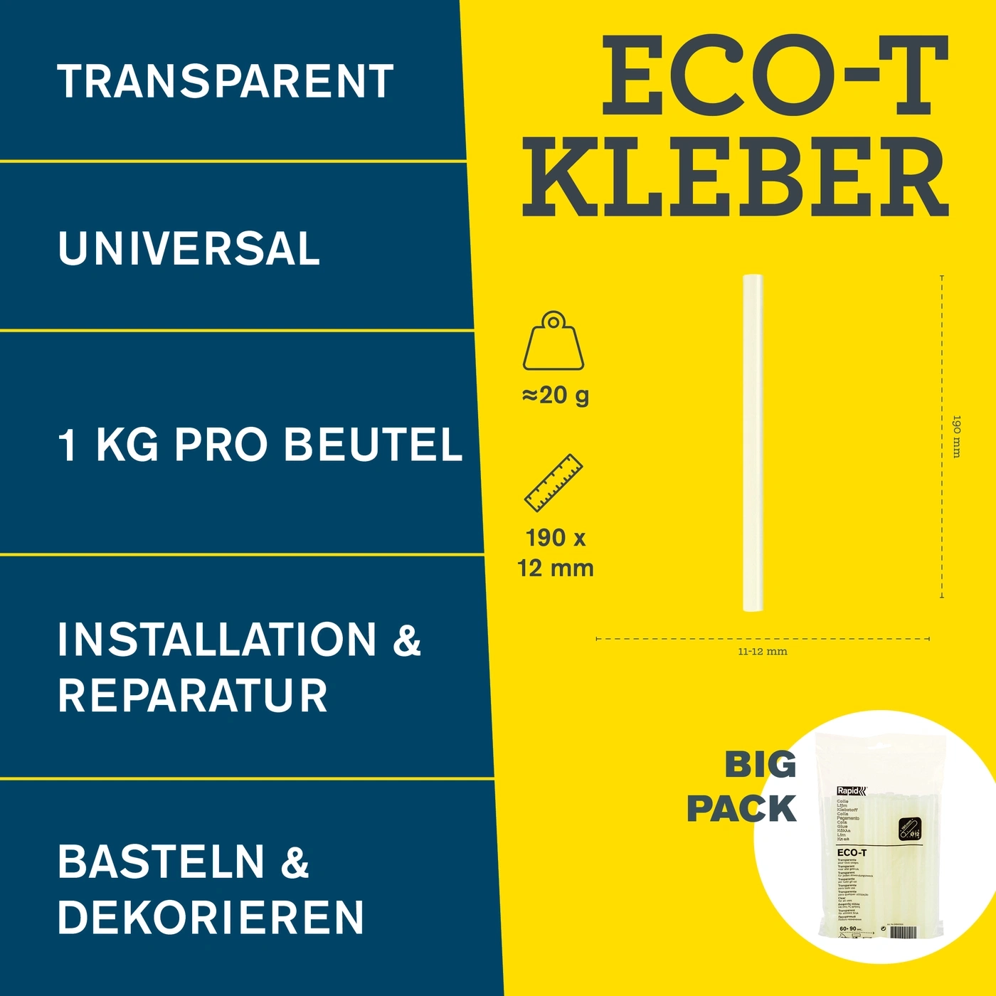 Heißklebestifte "ECO-T" in "BIG PACK" mit den Maßen 190 x 12 mm