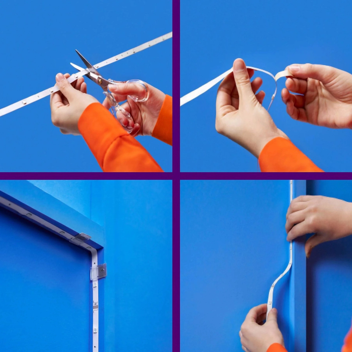 Person schneidet und befestigt LED-Streifen an einer blauen Wand und Türrahmen.
