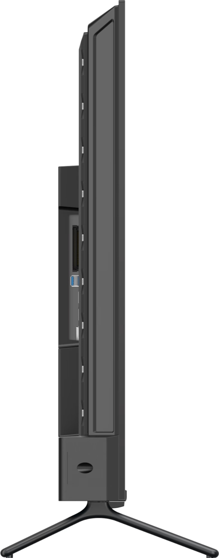 Schwarzer Fernseher mit Standfuß. Seite des Fernsehers mit Anschlüssen und Halterung.