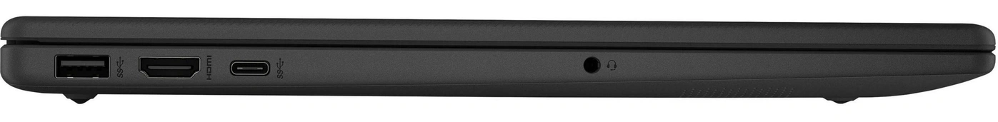Seitenansicht eines schwarzen Laptops mit USB-, HDMI- und Kopfhöreranschlüssen.