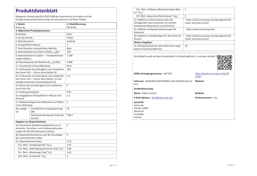 Produktdatenblatt mit technischen Details, Reparaturinformationen und Kontaktinformationen für ein Samsung Tablet.