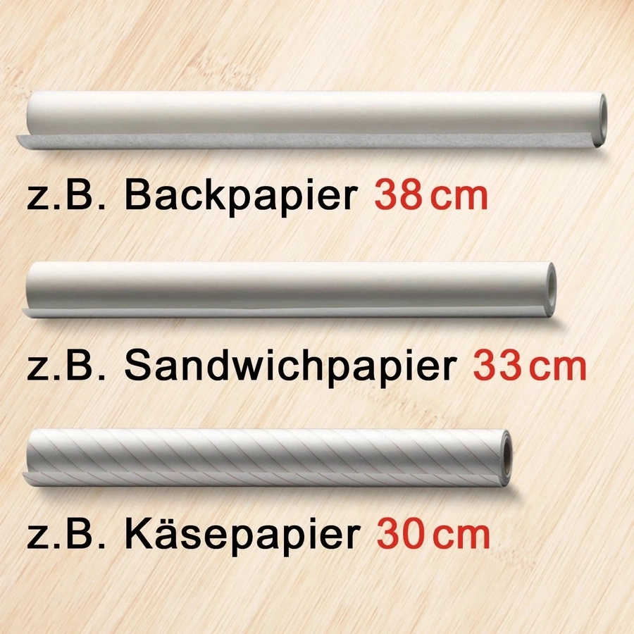 Backpapier, Sandwichpapier und Käsepapier mit Größenangaben in cm.