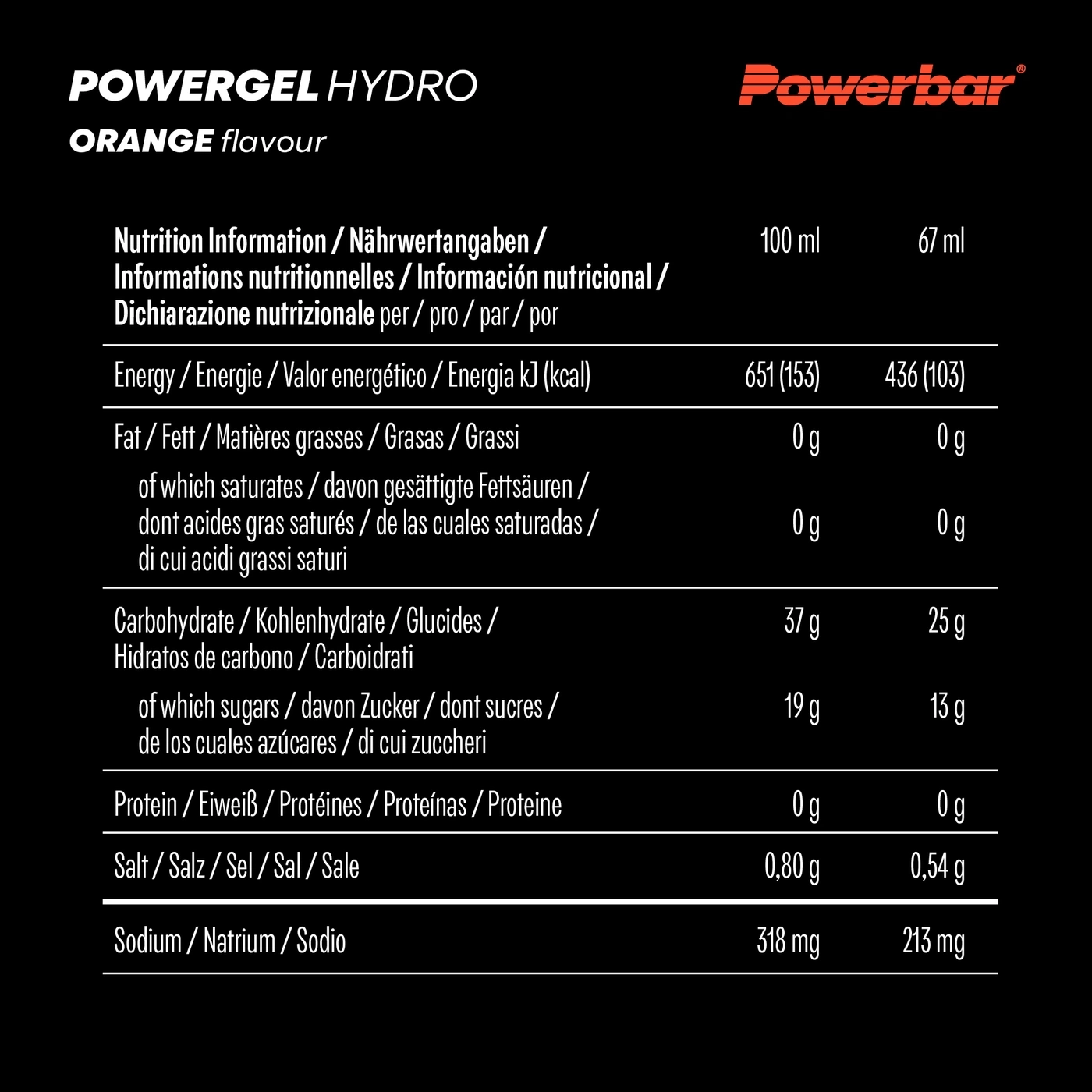 Nährwertangaben von Powergel Hydro Orange flavour, 100 ml und 67 ml.