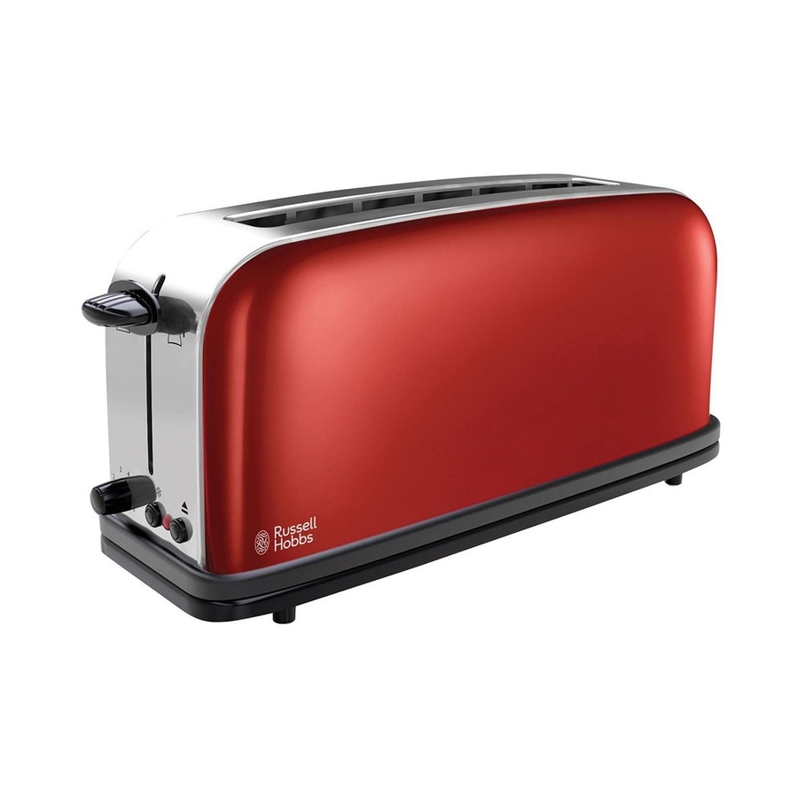 Roter Toaster mit silbernen Akzenten und Russell Hobbs Logo. Modernes Design.