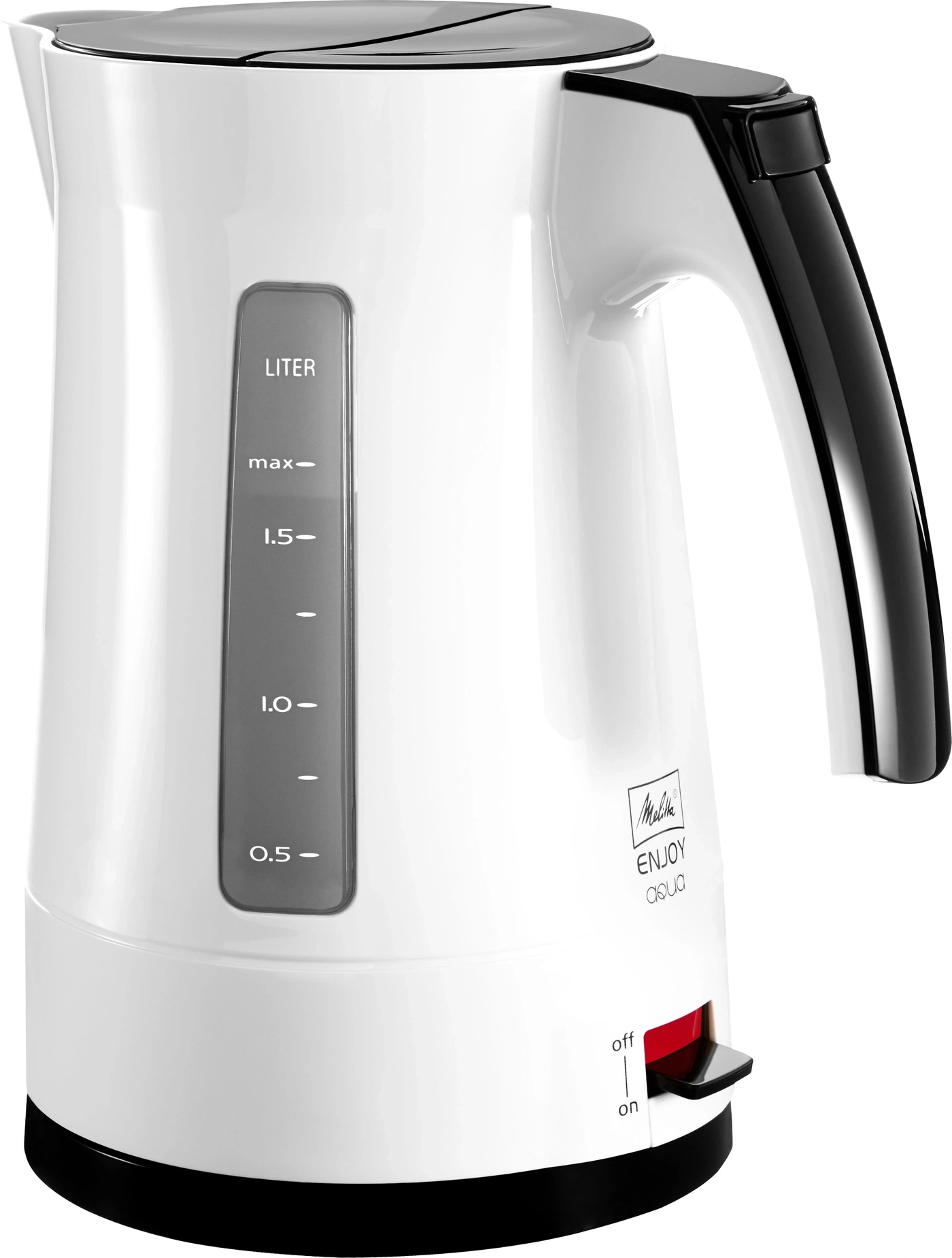 Weißer Wasserkocher mit schwarzem Griff und rotem Schalter, Melitta Enjoy Aqua.