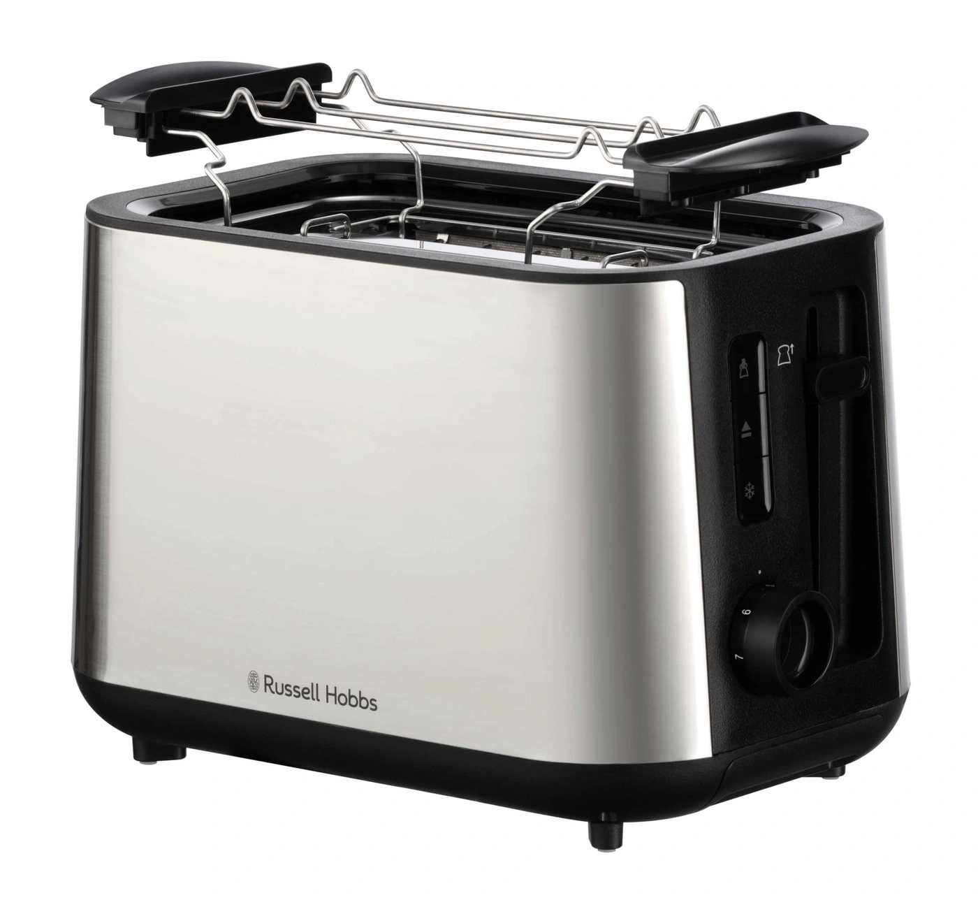 Ein Toaster mit Edelstahl-Design und schwarzen Akzenten, der bereit ist, Brot zu toasten.