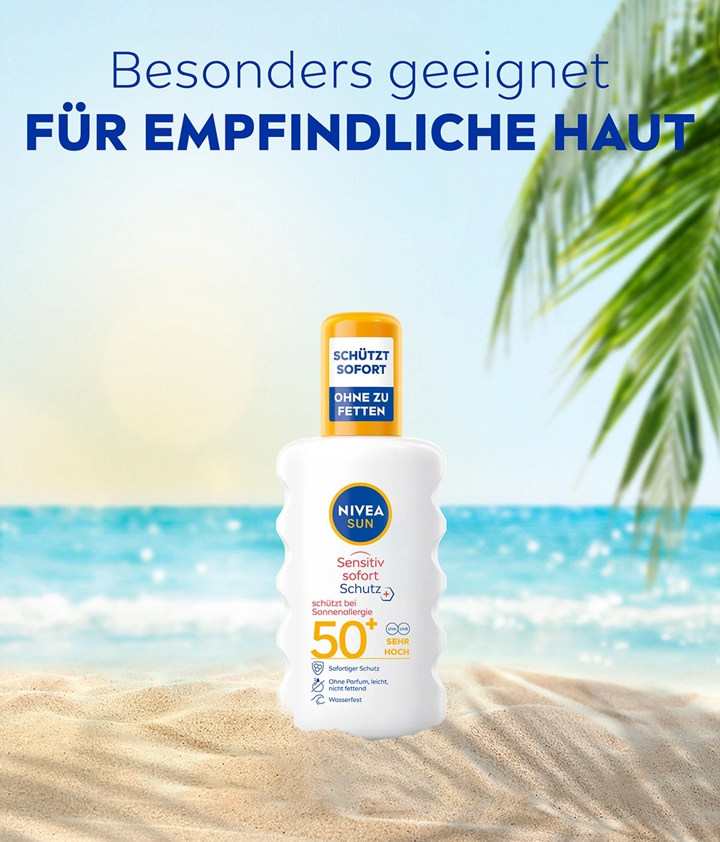 Nivea Sonnencreme für empfindliche Haut, Schutz 50+, ohne Fett, wasserfest.