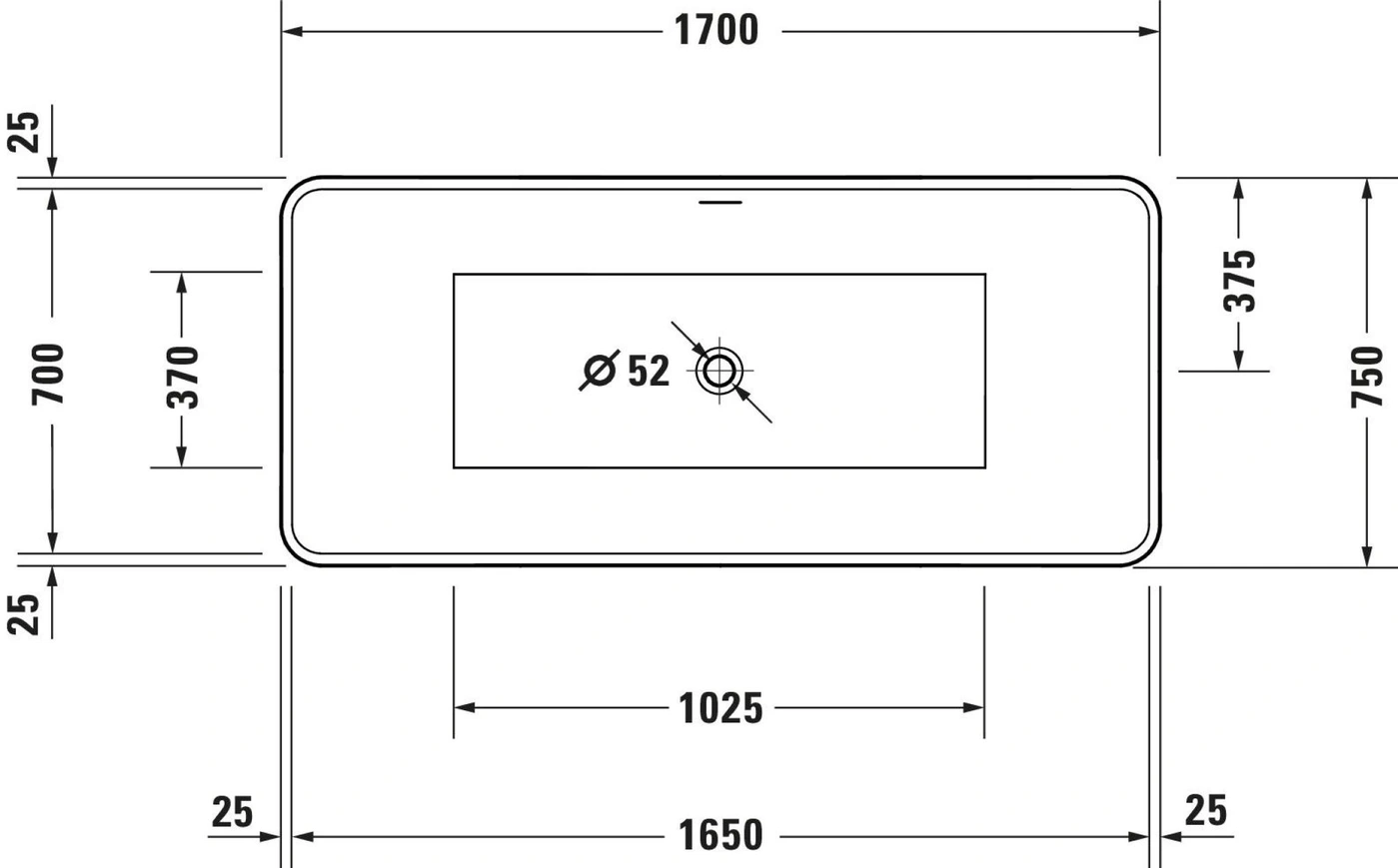 Badewanne mit Maßen: 1700x750mm, Loch Ø52mm, 1650mm lang, 700mm breit, 1025mm Innenbreite.