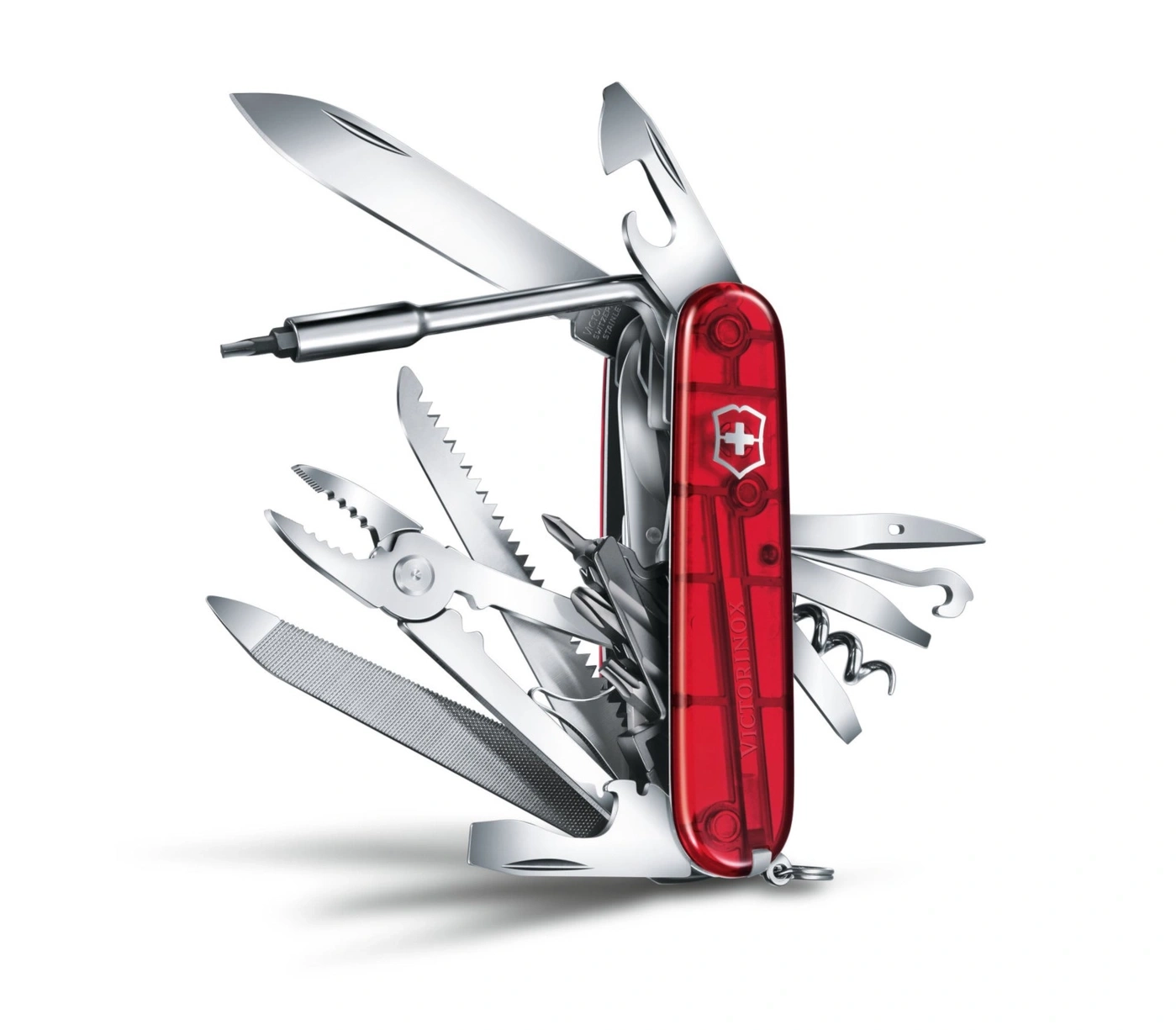 Rotes Schweizer Taschenmesser mit vielen Werkzeugen, geöffnet auf weißem Hintergrund.