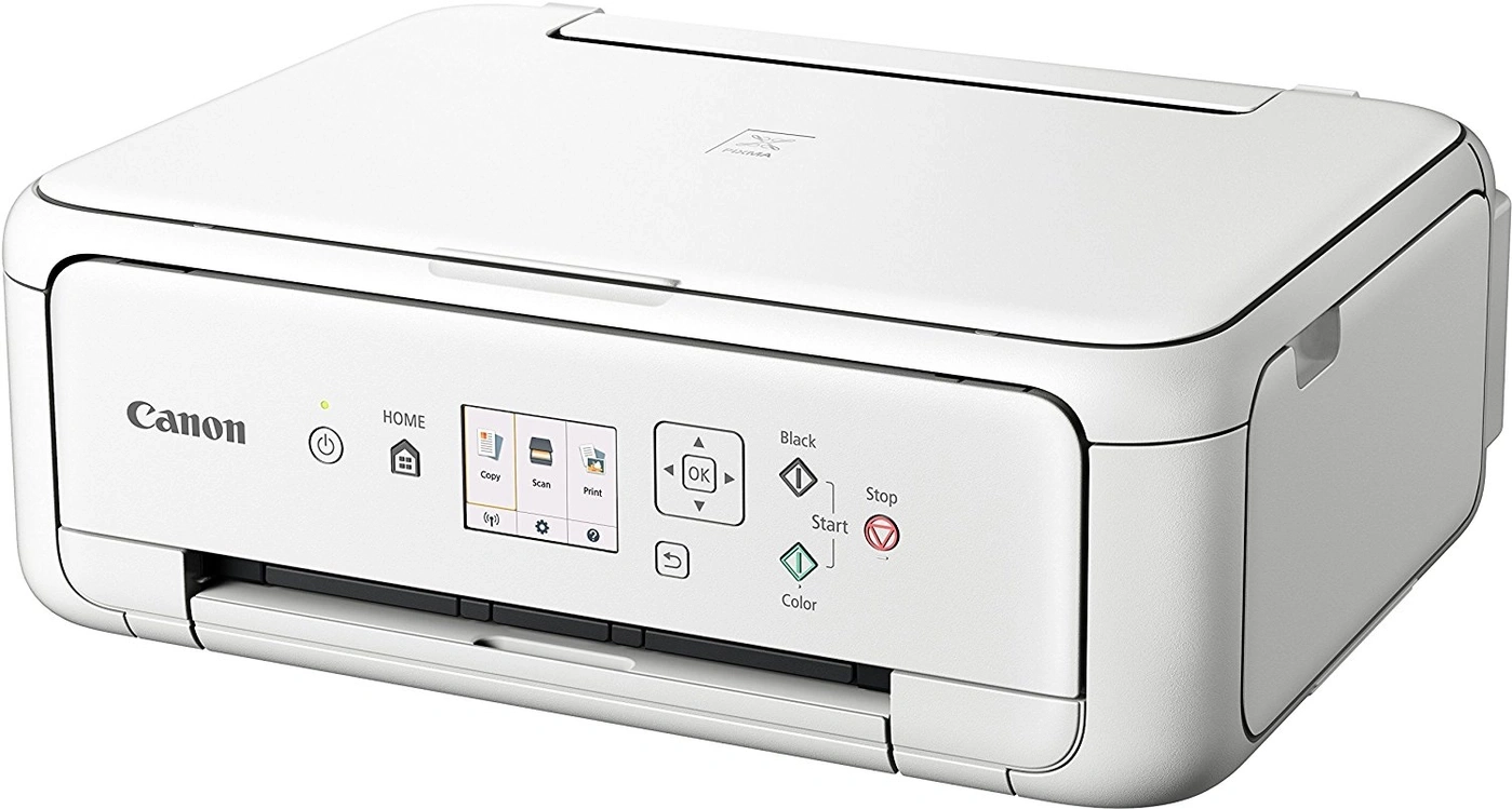 Canon-Drucker, weiß, mit Tasten für Kopieren, Scannen und Drucken, Start- und Stopp-Tasten.