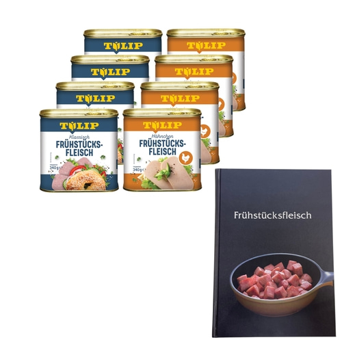 TULIP Bundle 8x Frühstücksfleisch Schwein Hähnchen 340g Delikatesse + Kochbuch