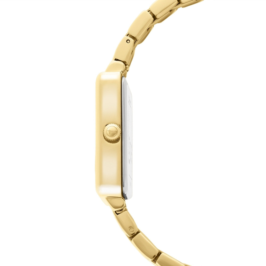 Detailaufnahme eines goldenen Armbands an einem rechteckigen Gehäuse