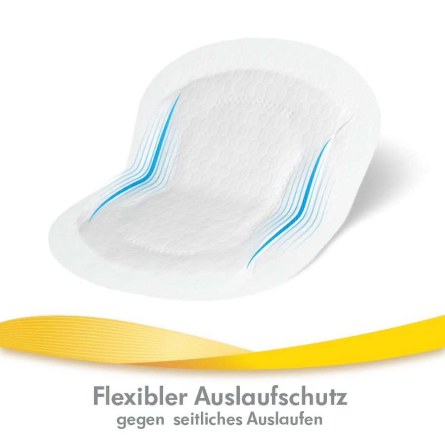 Weißes, ovales Produkt mit blauen Linien, gelber Streifen, Text: Flexibler Auslaufschutz gegen seitliches Auslaufen.