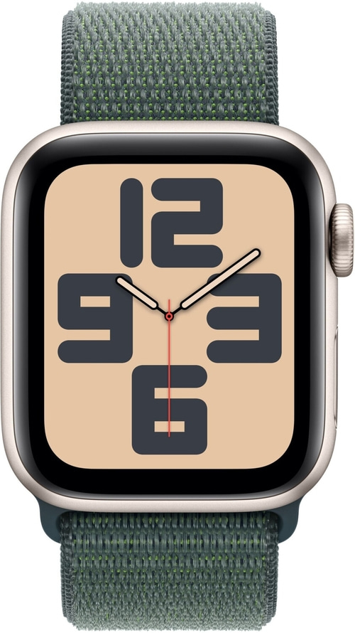 Apple Watch mit grünem Armband und Zifferblatt mit Zahlen 12, 9, 3, 6