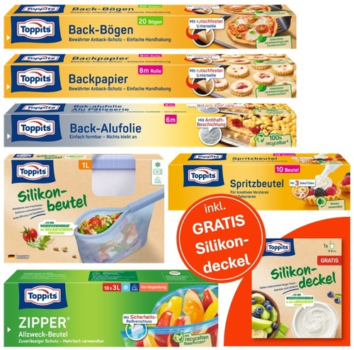Toppits Produkte: Backpapier, Back-Bögen, Alu-Folie, Silikon-Beutel, Spritzbeutel, Zipper-Beutel und Silikon-Deckel.