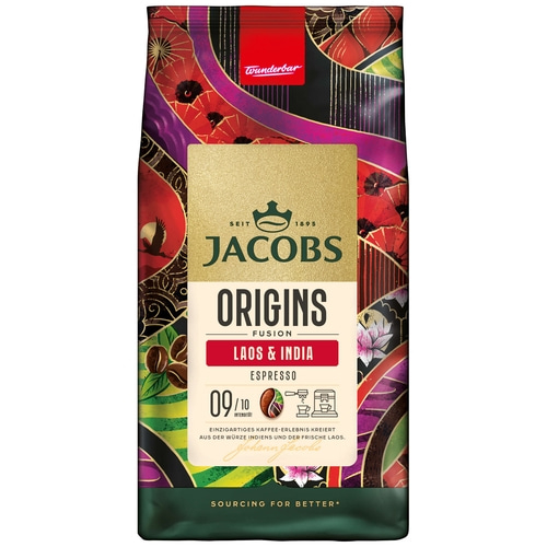 JACOBS Kaffeebohnen Origins Laos & India Espresso ganze Bohne geröstet 4 x 1 kg