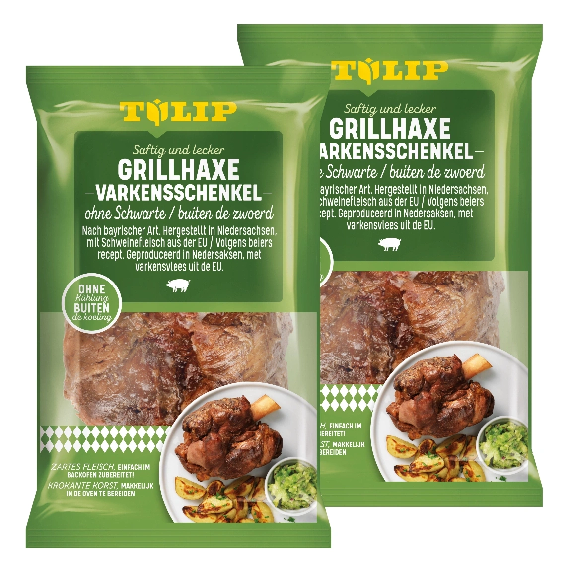 Zwei Packungen Schweinefleisch mit Kartoffeln und Dip