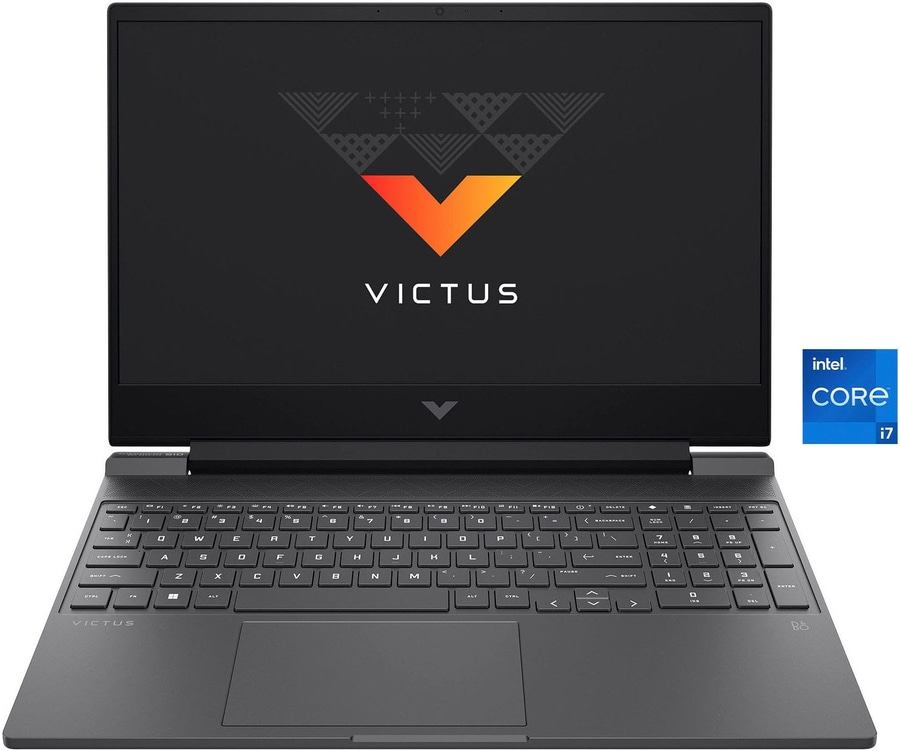 Ein schwarzer HP Victus Laptop mit Intel Core i7-Prozessor und Tastatur.