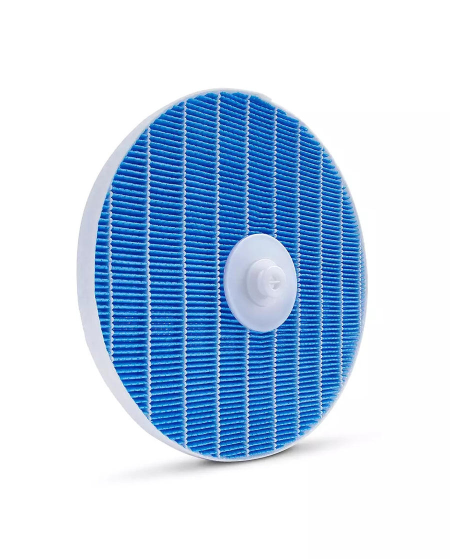 Blauer Filter mit weißem Rand und zentralem Knopf, für Luftreiniger.
