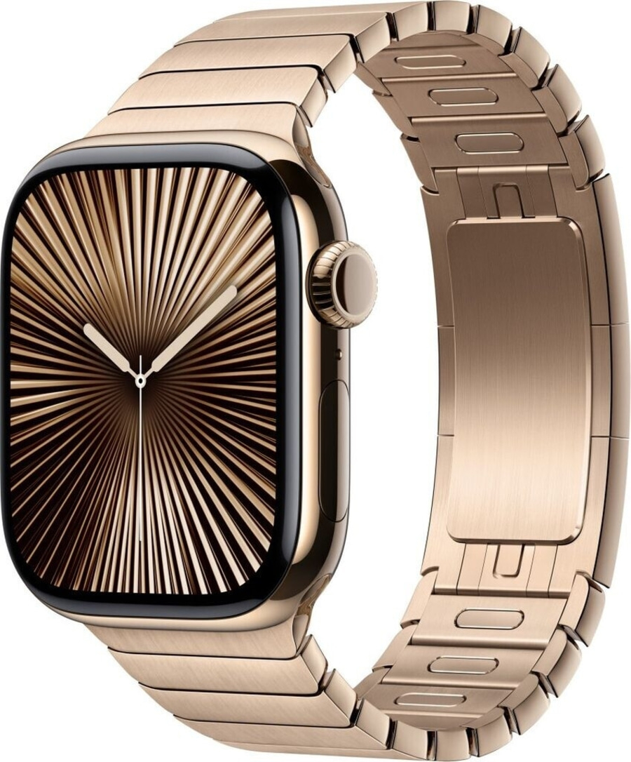 Goldene Apple Watch mit goldenem Armband, Nahaufnahme, elegant