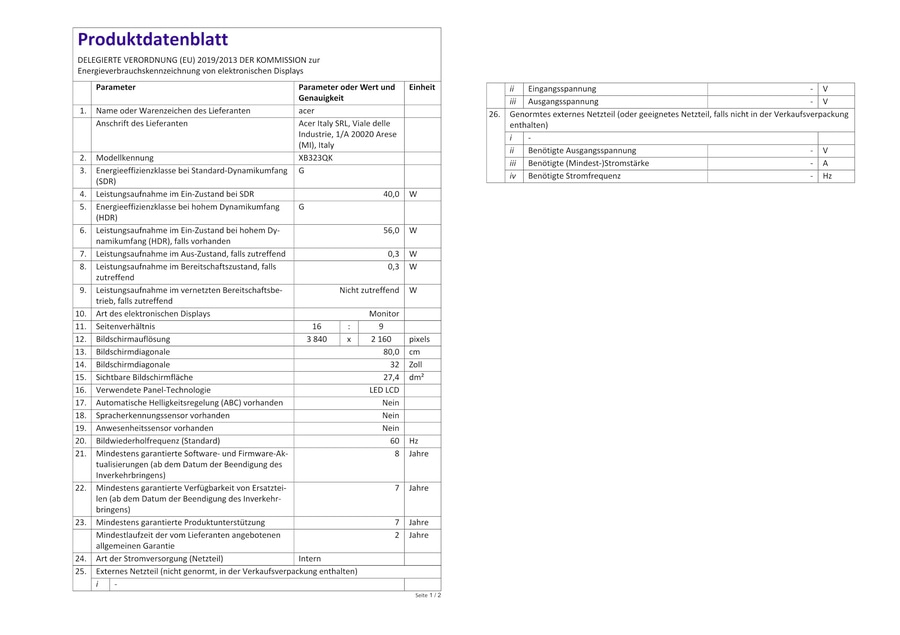 Produktdatenblatt mit Energieverbrauchskennzeichnung für elektronische Displays