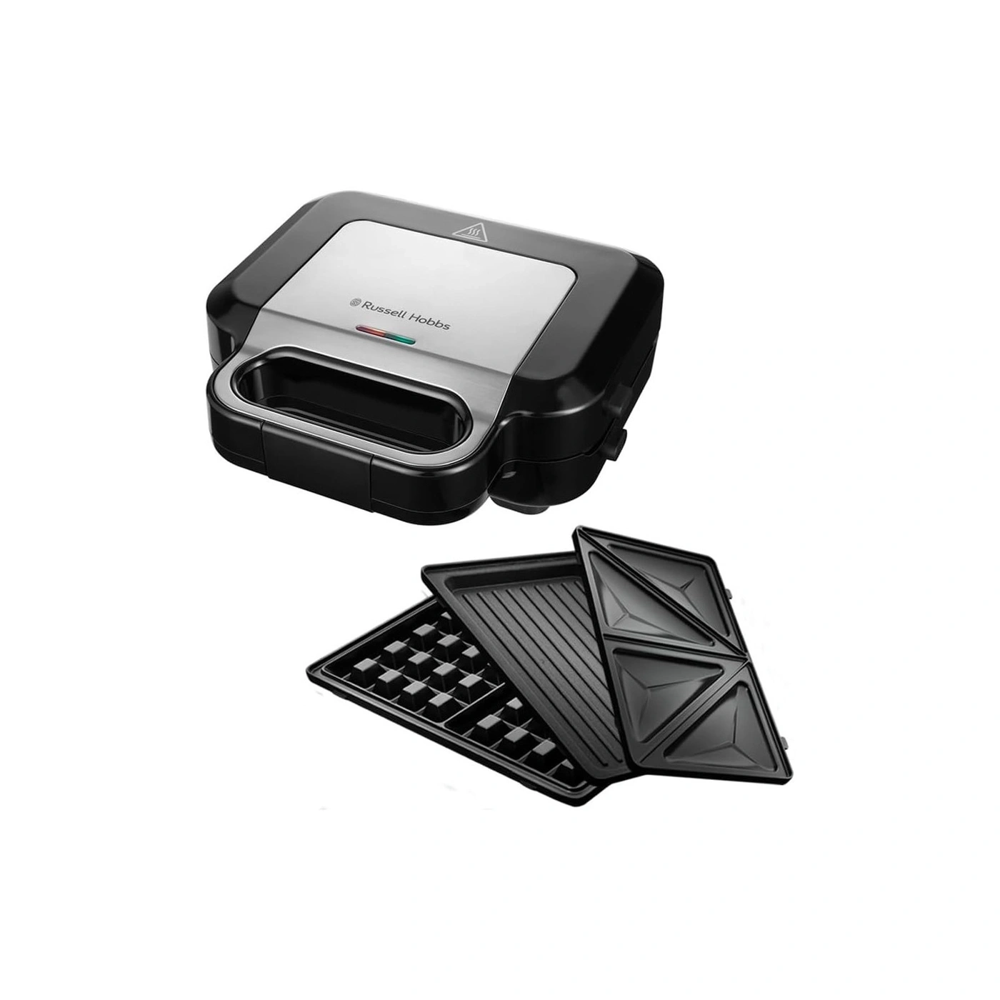 Schwarzer Sandwichmaker mit austauschbaren Platten und Russell Hobbs Logo.