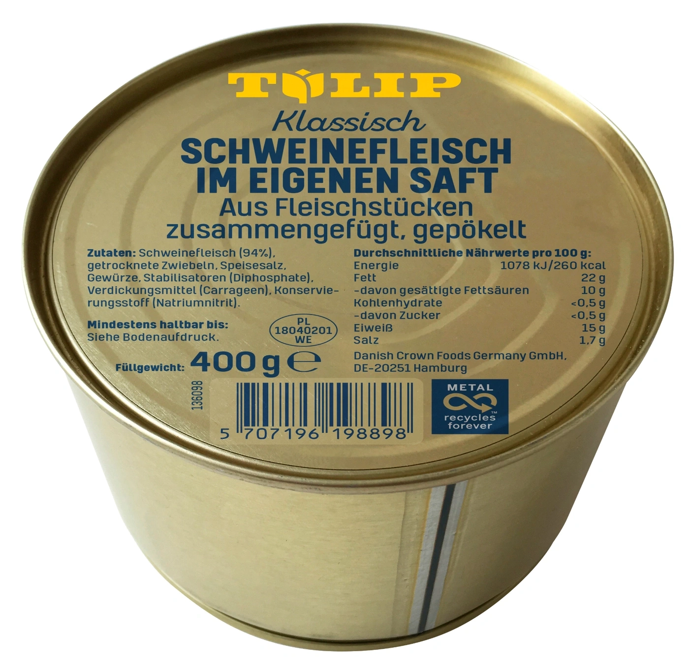 Goldene Dose "Tulip Klassisch Schweinefleisch im eigenen Saft" mit Nährwertangaben und Barcode.