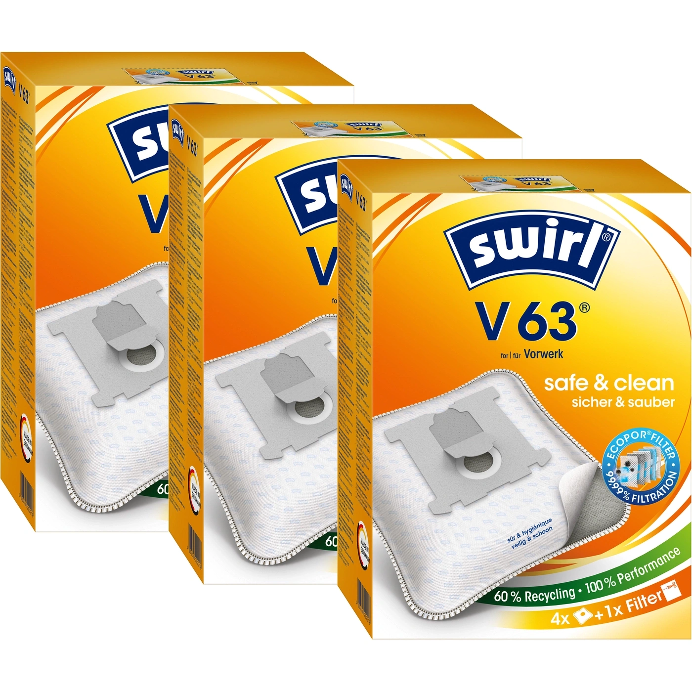 Swirl V63 Staubsaugerbeutel, 3er-Pack, für Vorwerk, sicher und sauber, 60% Recycling
