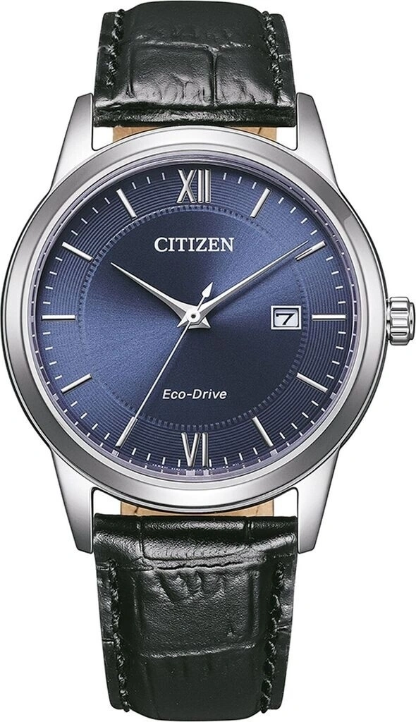 Ein Citizen Eco-Drive-Herrenarmbanduhr mit blauem Zifferblatt und römischen Ziffern.