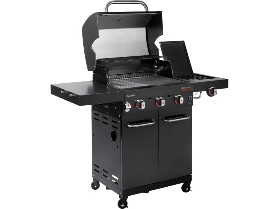 Schwarzer Gasgrill mit drei Brennern und Deckel, professionell