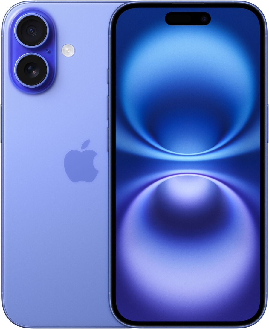 Blaues Smartphone mit zwei Kameras und einem Apple-Logo auf der Rückseite.