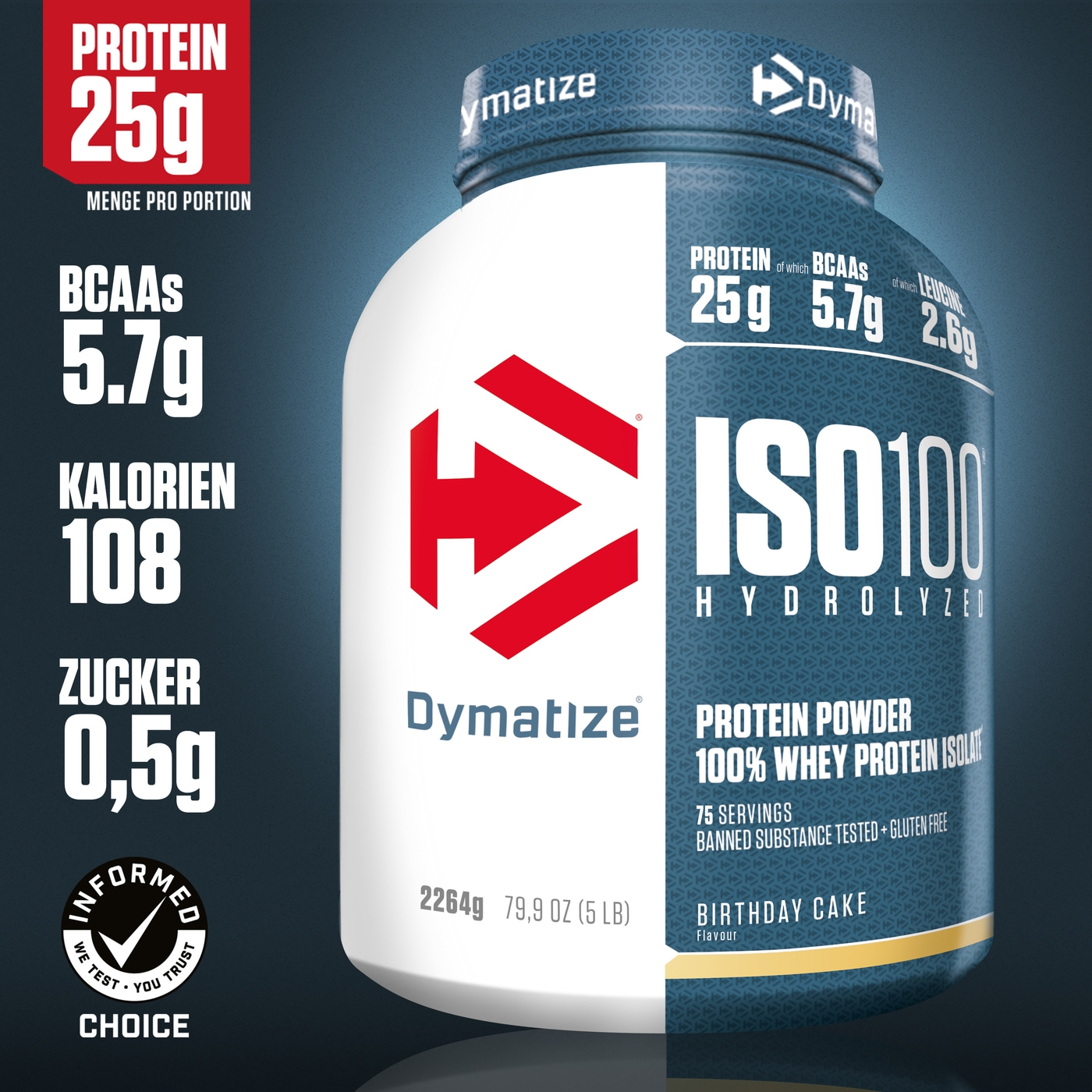 Dymatize ISO100 Protein-Pulver, 25g Protein, 5.7g BCAAs, 108 Kalorien, 0.5g Zucker, Geburtstagskuchen
