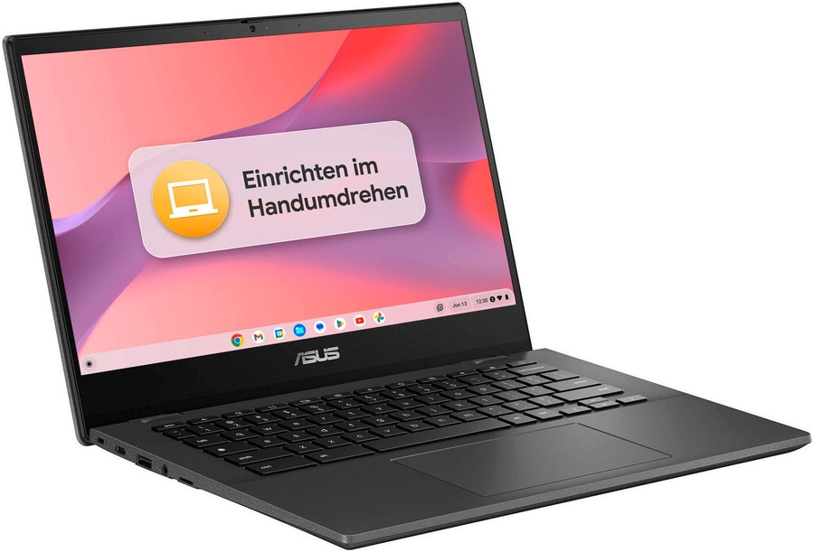 Schwarzer Laptop mit ASUS-Logo und Text auf dem Bildschirm