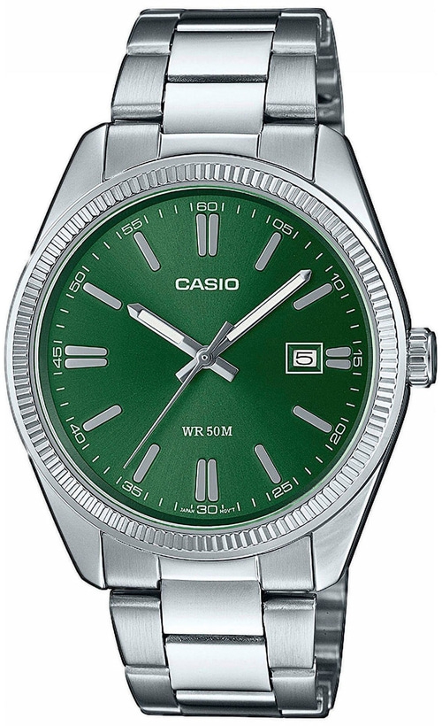 CASIO Collection Herrenarmbanduhr MTP-1302PD-3AVEF Quarz Neo-Display B-WARE Casio-Uhr mit grünem Zifferblatt und silbernem Armband, Nahaufnahme
