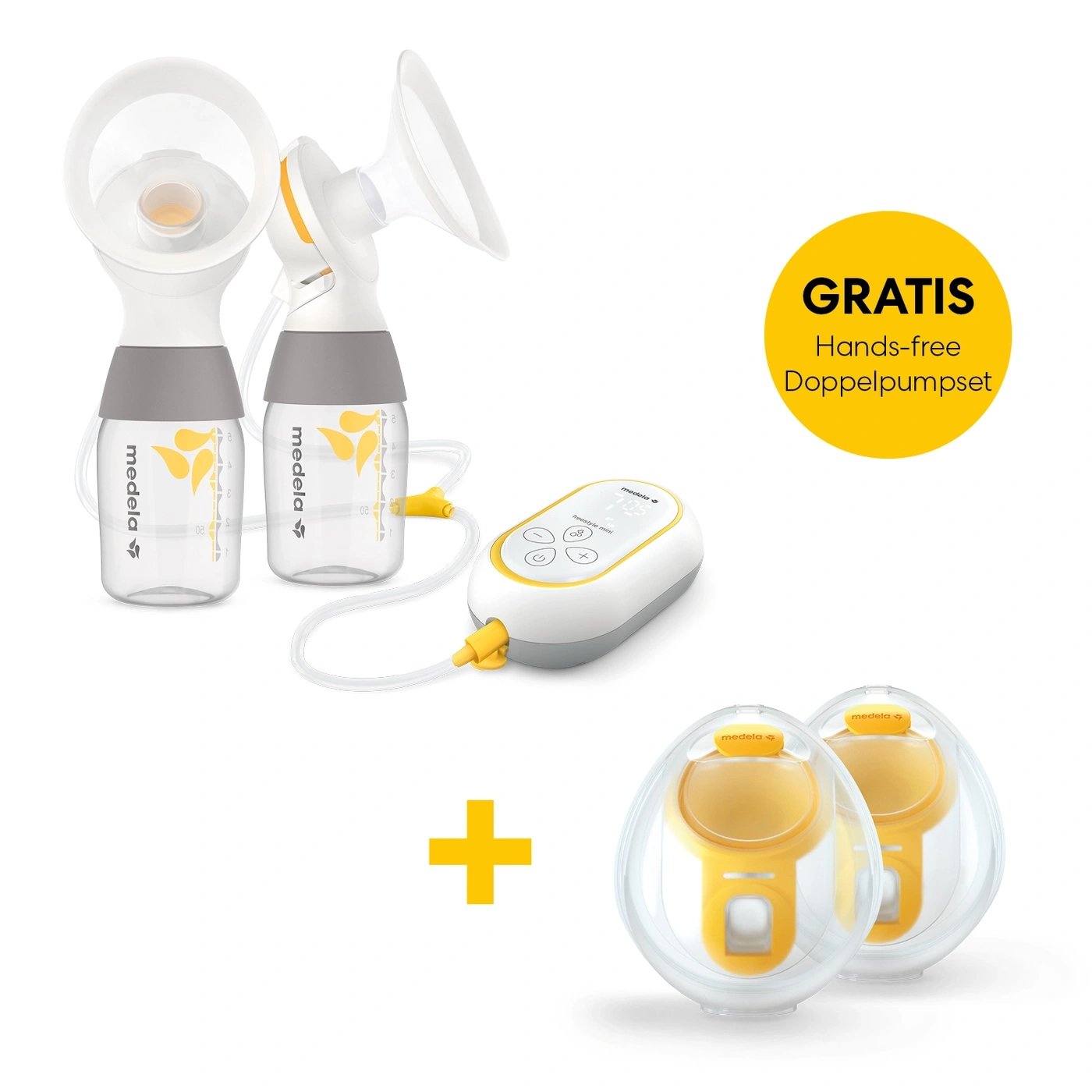 Medela Freestye Hands-free Doppelpumpenset mit zwei zusätzlichen Behältern.