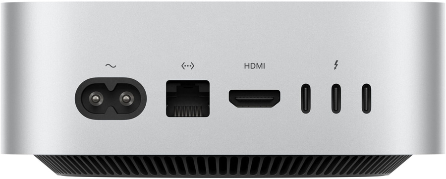 Rückseite eines silbernen Computers mit Anschlüssen wie HDMI und Stromanschluss.