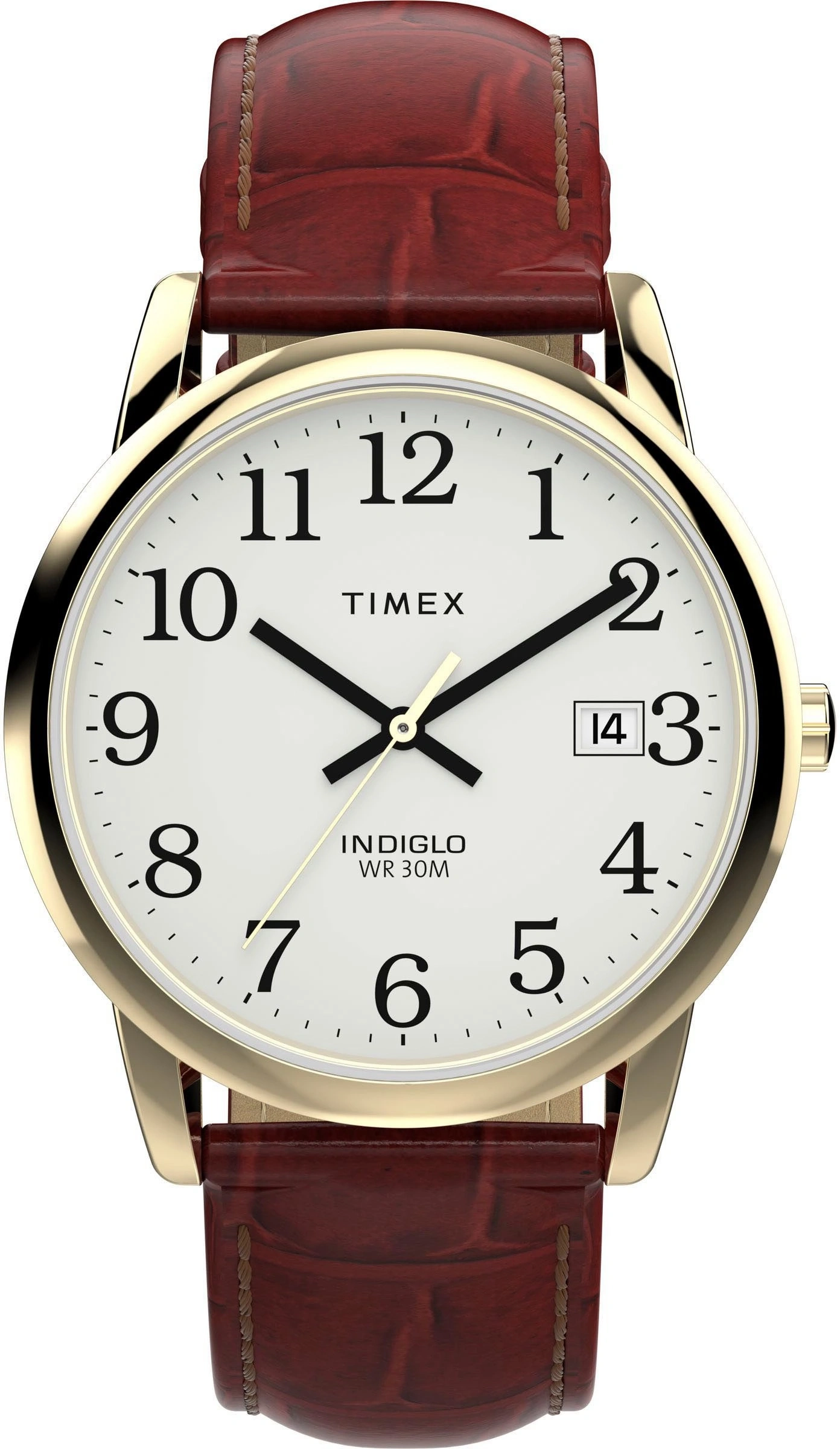 Eine goldene Timex Uhr mit weißem Zifferblatt und braunem Lederarmband.