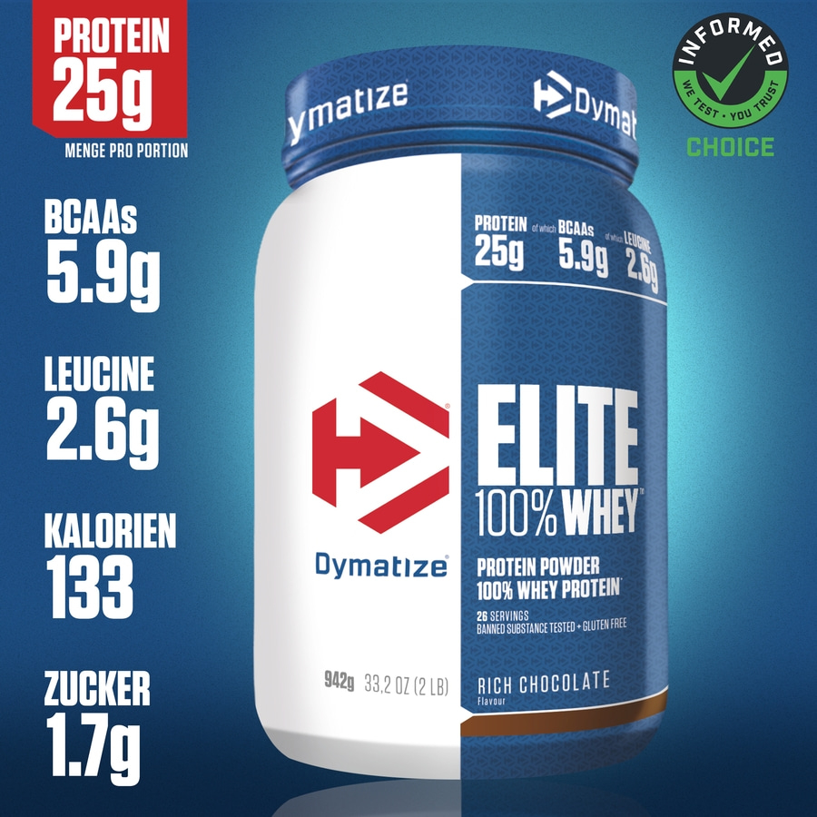 Dymatize Elite 100% Whey Protein, Rich Chocolate, 25g Protein, 5.9g BCAAs, 2.6g Leucin