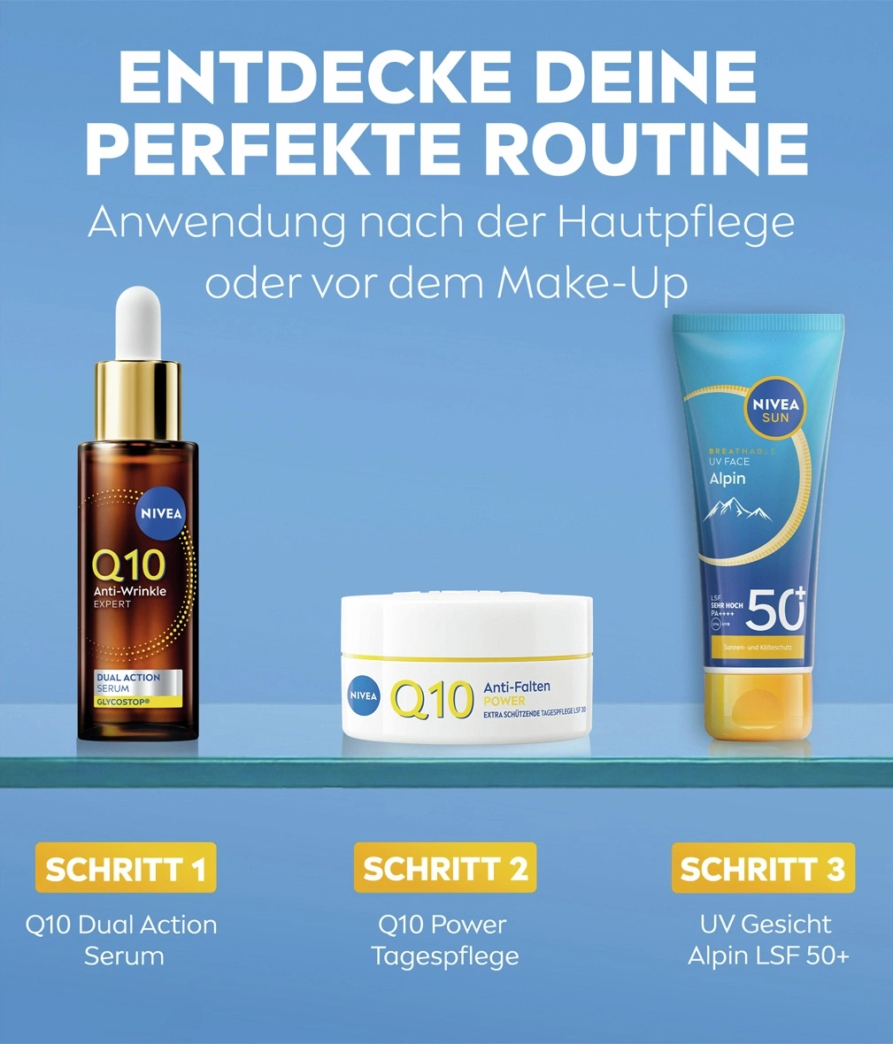 NIVEA Q10 Produkte für die Hautpflege-Routine: Serum, Tagespflege und Sonnenschutz.