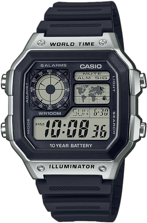 Casio Uhr, Digitaluhr, Weltzeit, 10-Jahres-Batterie, Illuminator, 5 Alarme, Stoppuhr