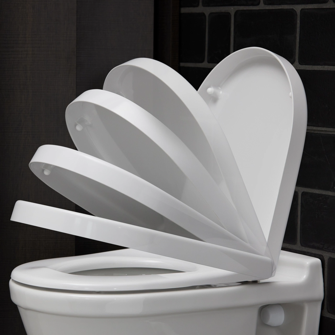 Toilettensitz in verschiedenen Positionen, weiß, vor dunklem Hintergrund, Badezimmer