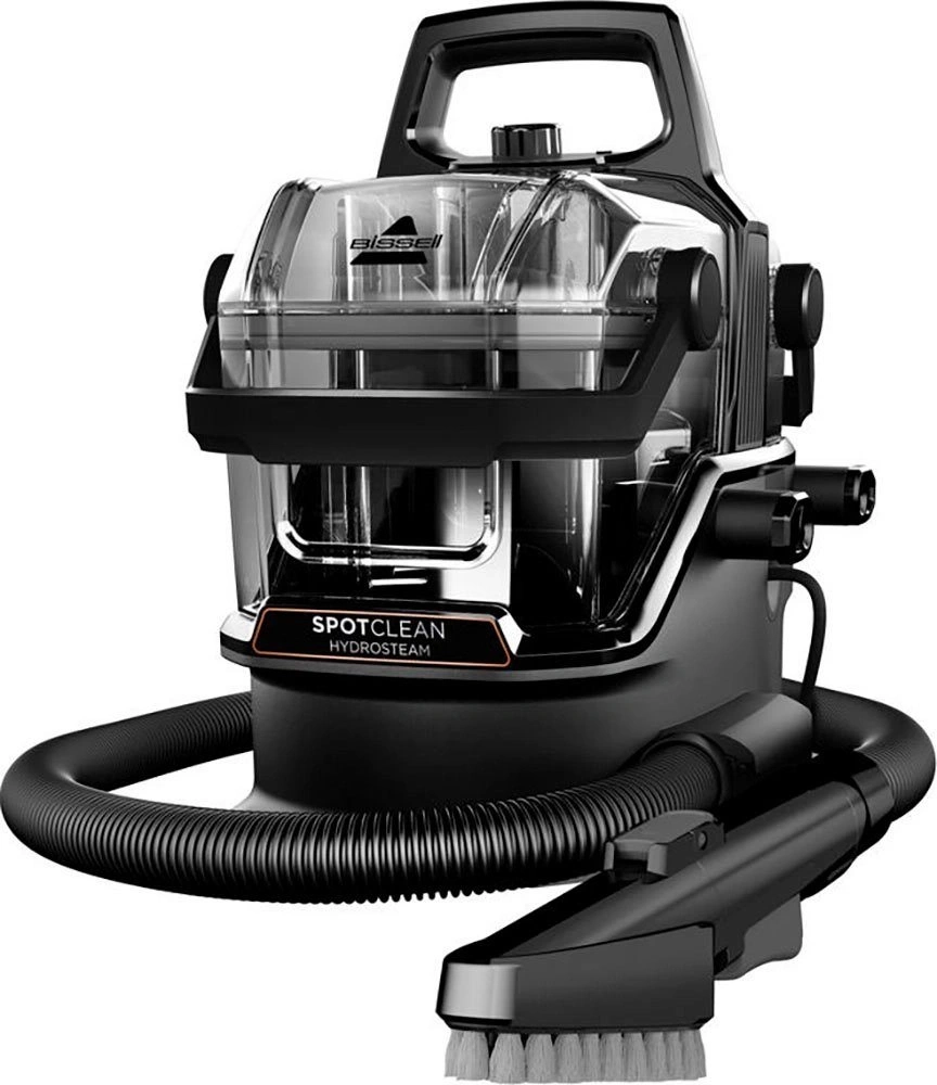 Bissell SpotClean HydroSteam, schwarzer Fleckenreiniger, Handgriff, Schlauch, Bürste, Reinigung