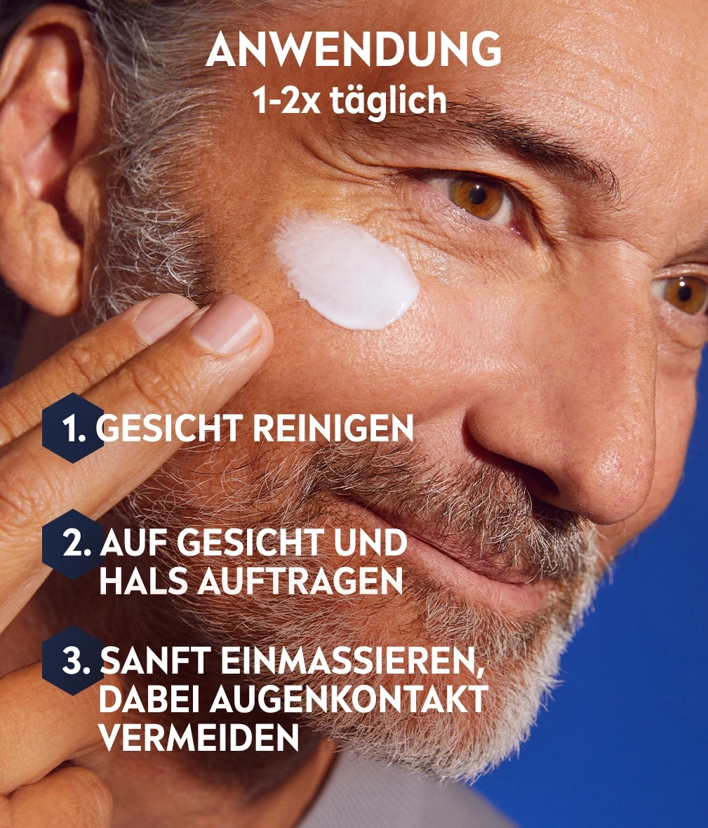 Gesichtspflege-Anwendung: Reinigen, auftragen, einmassieren, Augenkontakt vermeiden.