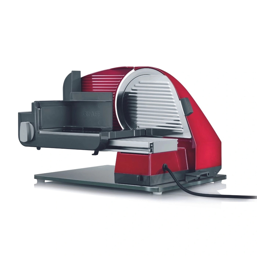 Rote elektrische Aufschnittmaschine, die auf einer Glasplatte steht, mit dem Markennamen GRAEF.
