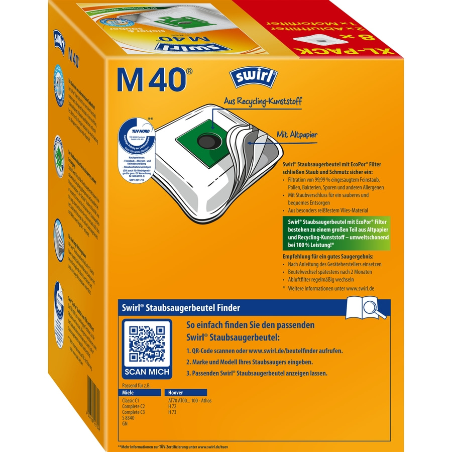 SWIRL Staubsaugerbeutel M 40 EcoPor XL Vorteilspack 8 Beutel 2 Abluftfilter